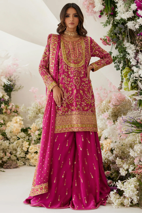 Hot Pink Silk Straight Cut Palazzo Bridal Salwar Kameez