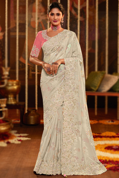 Silk Light Beige Dori Embroidered Saree 