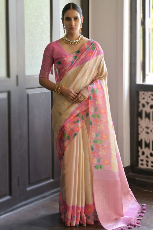 Classic Broad Border Saree in Light Beige Silk