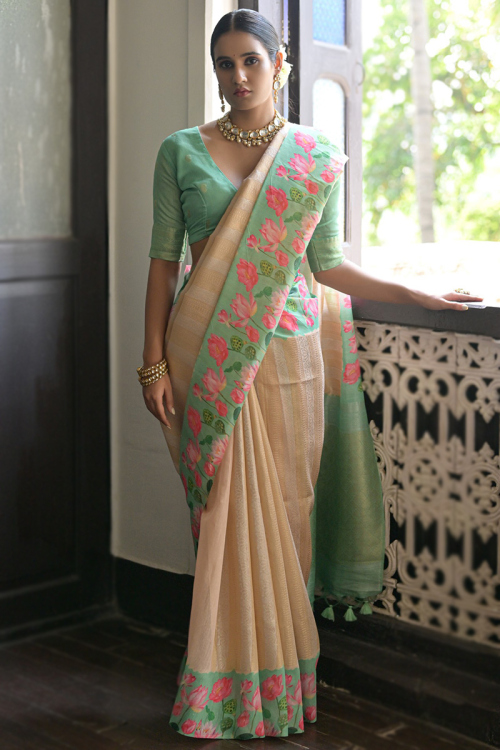 Silk Light Beige Weaved Broad Border Saree