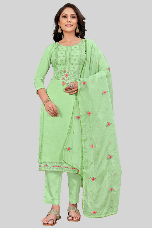 Silk Light Green Zari Embroidered Straight Cut Trouser Suit