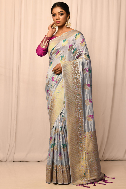 Silk Saree with Weaved Thread Embroidery in Light Grey for Party 