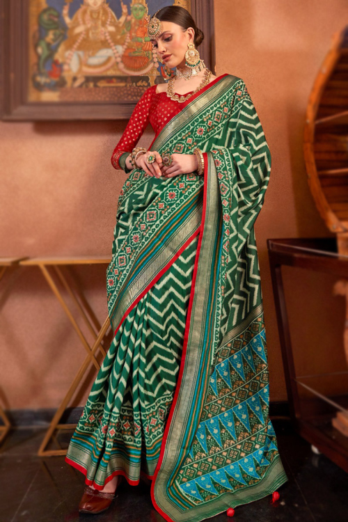 Silk Light Weight Silk Forest Green Weaved Zari Saree 