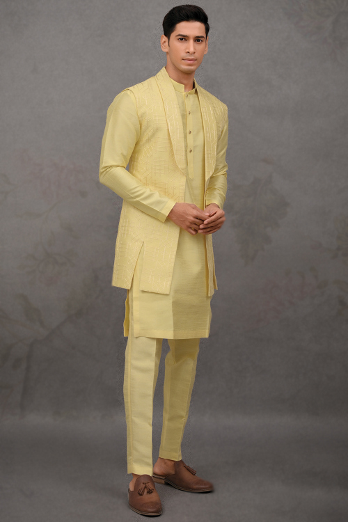 Silk Light Yellow Jacket Style Men's Plain Kurta Pajama