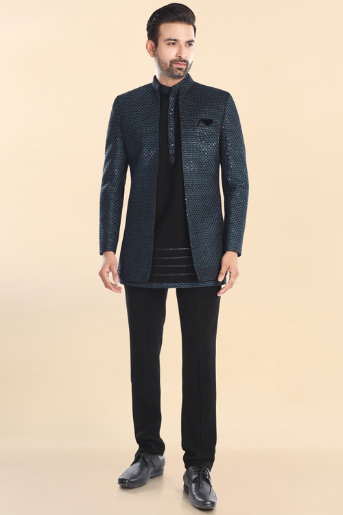 Silk Men's Jodhpuri Coat Pant Black With Embroidered Jacket 
