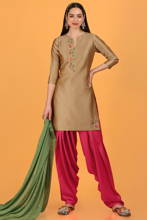 Silk Oat Beige Beads Embroidered Designer Patiala Salwar Suit