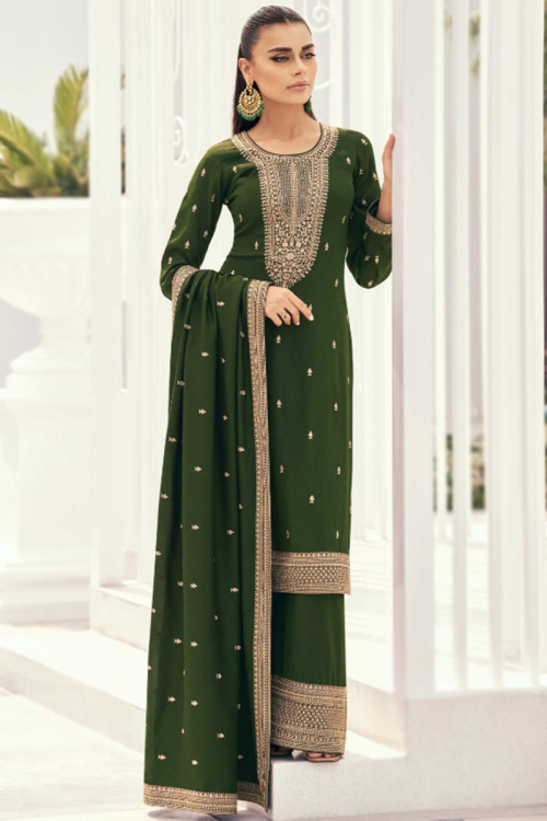 Silk Olive Green Zari Embroidered Palazzo Suit 
