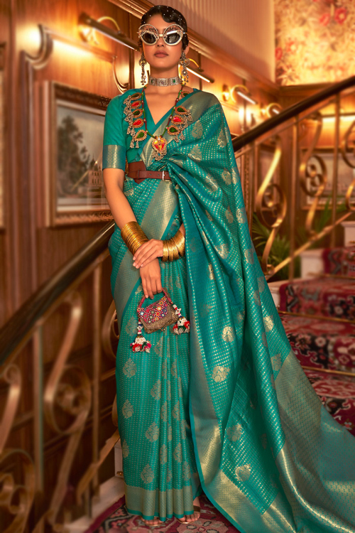 Silk Persian Green Zari Weaved Broad Border Saree
