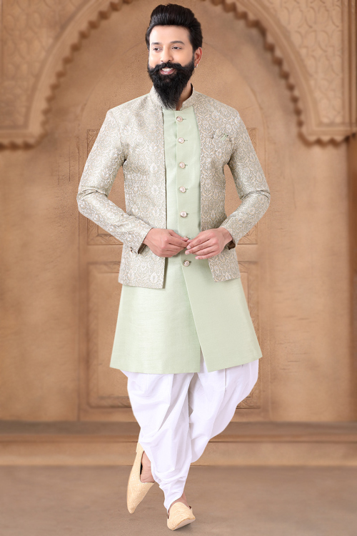 Silk Pistachio Green Printed Jacket Style Men's Sherwani
