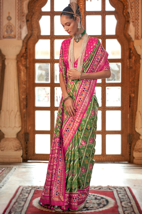 Silk Pistachio Green Printed Patola Saree