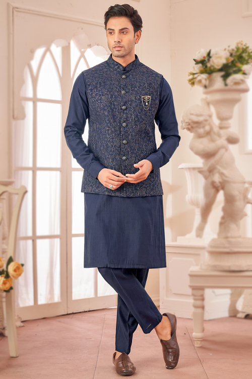 Silk Plain Men's Navy Blue Kurta Pajama With Embroidered Jacket 