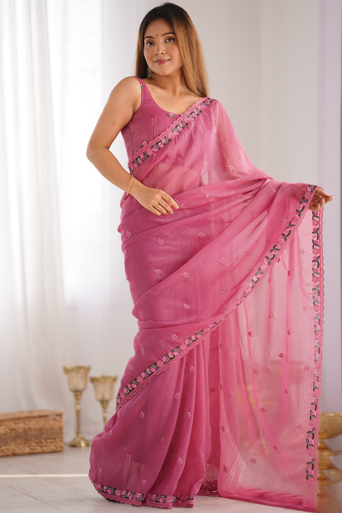 Silk Punch Pink Resham Embroidered Light Weight Saree 