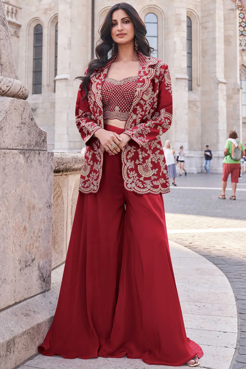 Silk Red Embroidered Indo-Western Palazzo Suit for Wedding