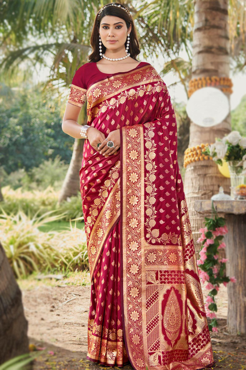 Silk Ruby Red Woven Zari Broad Border Saree