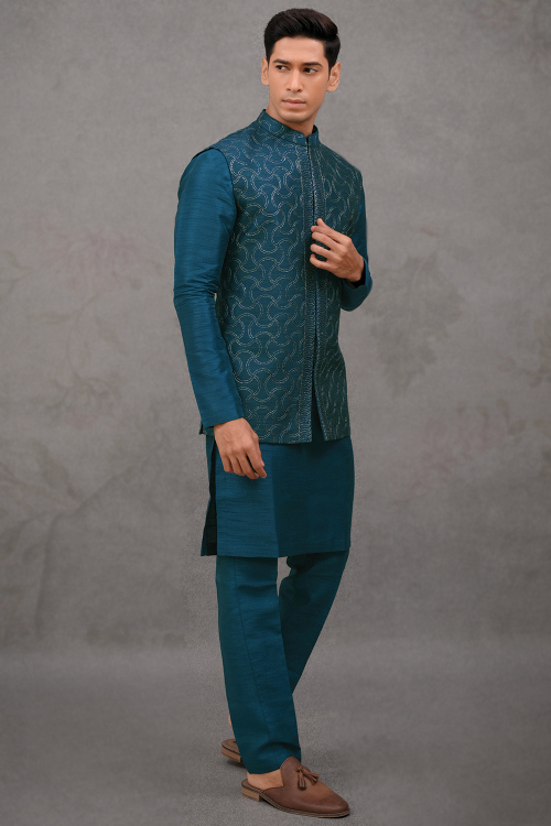 Silk Sea Blue Jacket Style Men's Plain Kurta Pajama