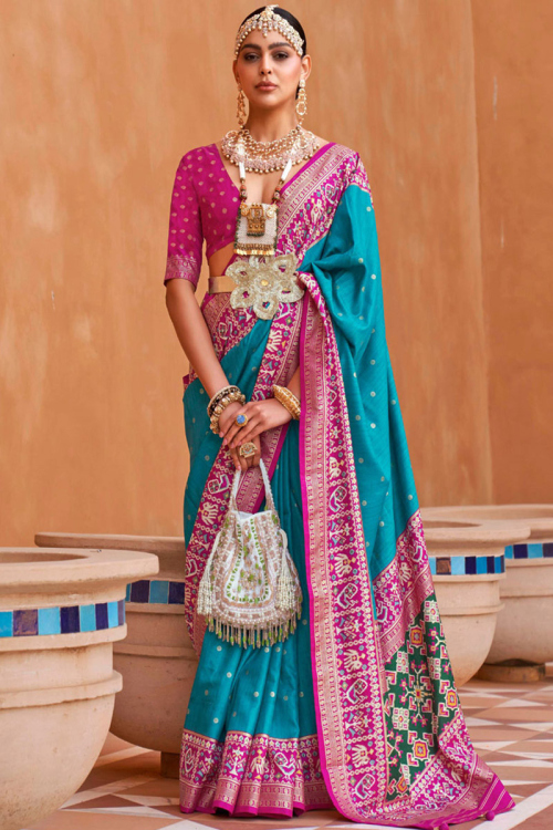 Silk Sky Blue Printed Patola Saree