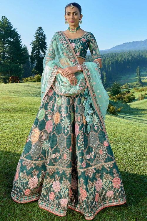 Silk Teal Blue Resham Embroidered Panelled Lehenga