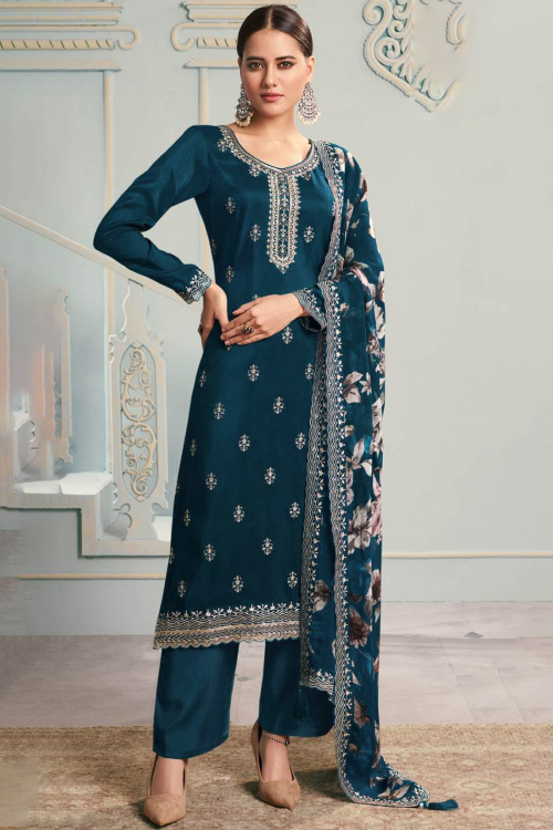Silk Teal Blue Zari Embroidered Straight Cut Trouser Suit 