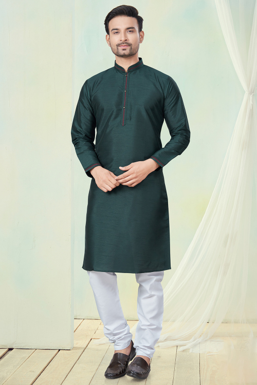 Silk Teal Green Men's Kurta Churidar With Embroidered Placket