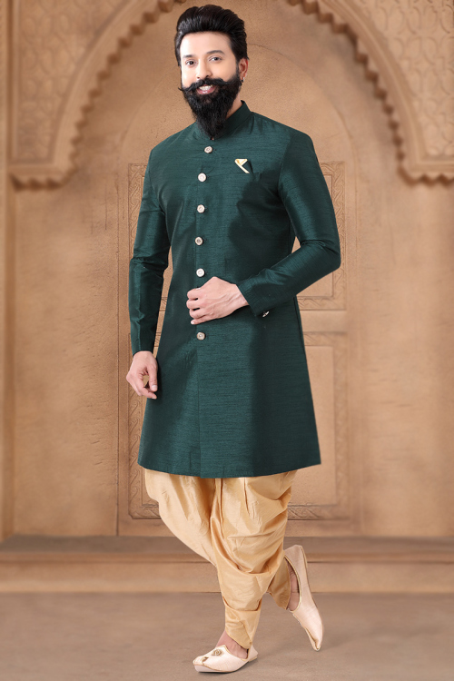 Silk Teal Green Plain Dhoti Style Men's Sherwani