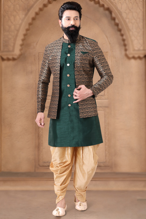 Silk Teal Green Woven Zari Jacket Style Men's Sherwani