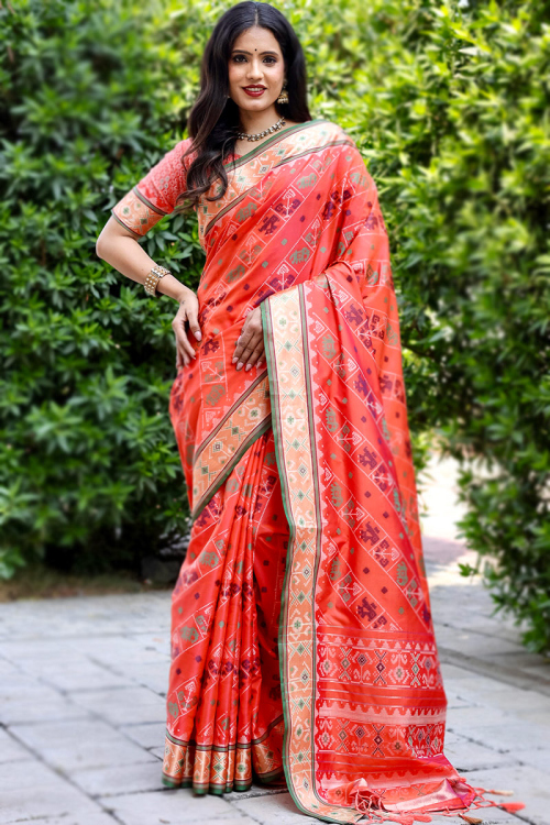 Silk Tomato Red Ikat Printed Patola Saree