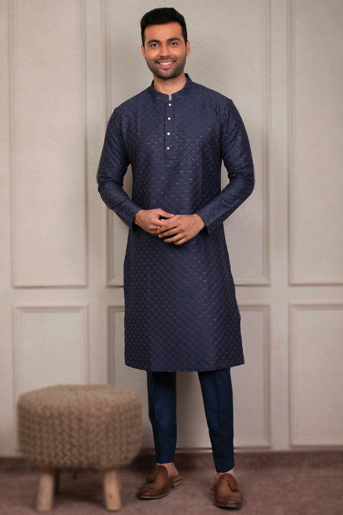 Silk Weaved Navy Blue Straight Cut Men's Kurta Pajama