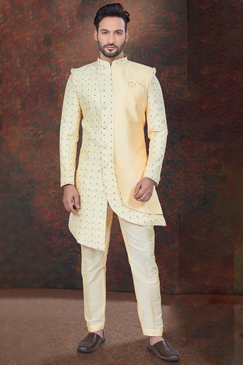 Silk Weaved Pale Yellow Men's Asymmetrical Sherwani