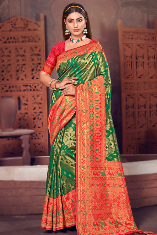 Silk Woven Zari Broad Border Saree in Emerald Green 