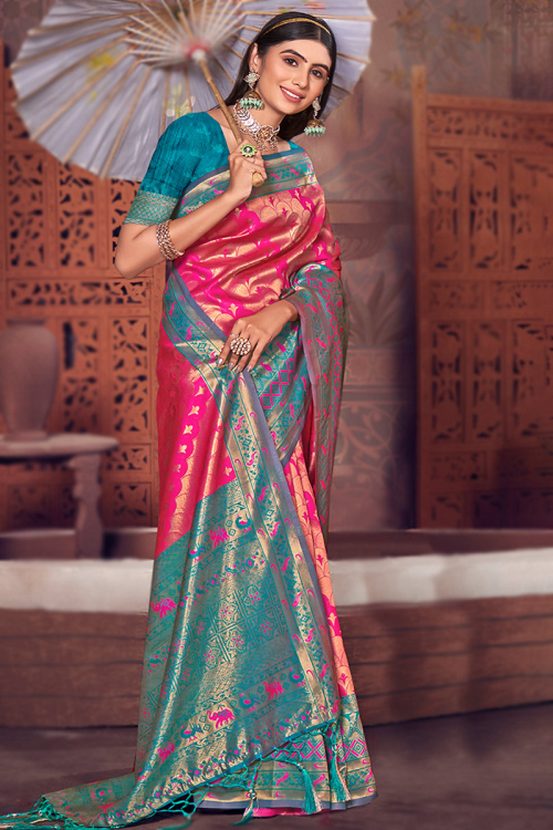 Silk Woven Zari Broad Border Saree in Rani Pink 