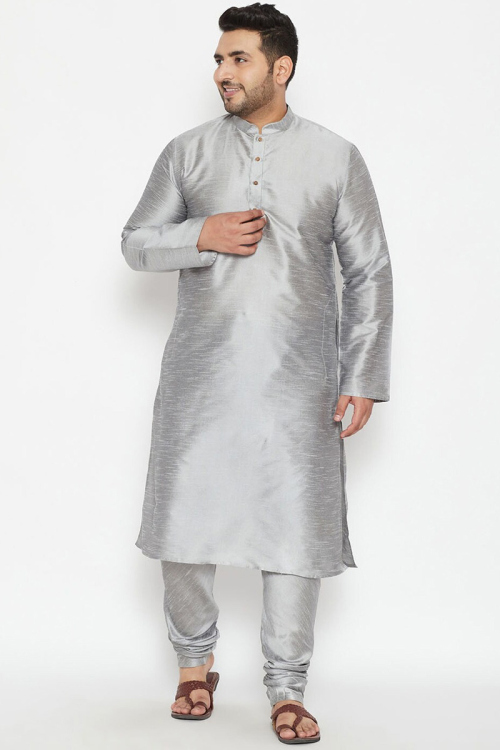 Silver Dupion Silk Plain Men Kurta With Churidar