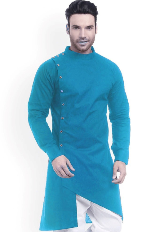Sky Blue Assymetrical Dupion Silk Angrakha Style Men's Kurta