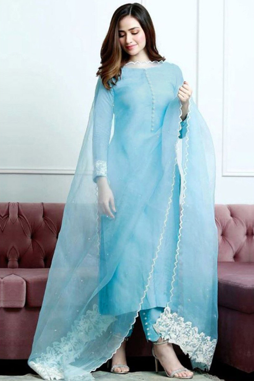 Baby Blue Banglori Silk Pakistani Trouser Suit