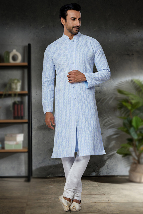 Men Sherwani for Wedding Wear in Cotton Sky Blue with Resham Work