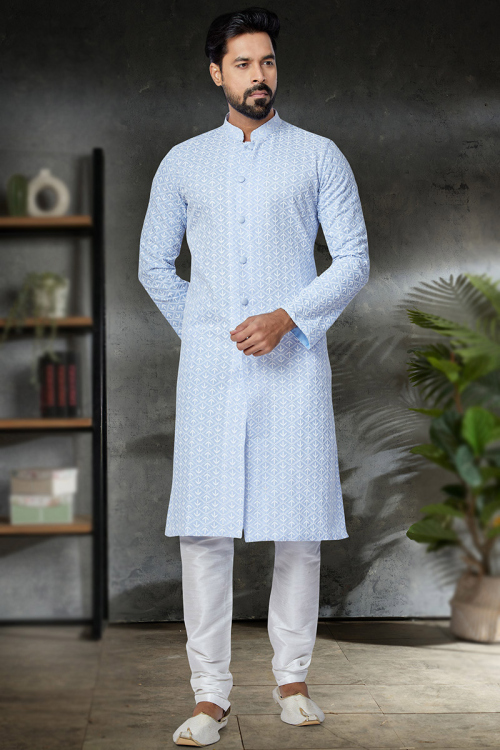 Cotton Men Sherwani with Resham Work in Sky Blue for Sangeet