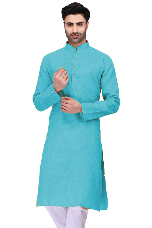 Sky Blue Cotton Straight Cut Men Plain Kurta