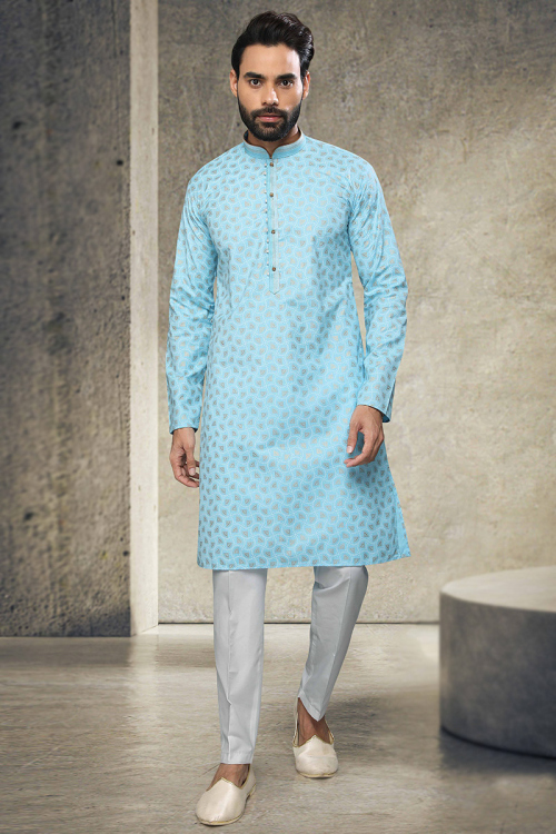 Sky Blue Cotton Straight Cut Printed Men Kurta Pajama