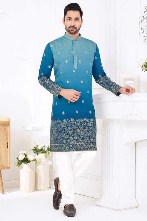 Sky Blue Cotton Straight Cut Printed Men&#039;s Kurta Pajama