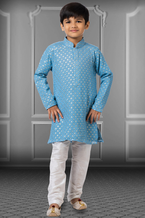 Sky Blue Georgette Sequins Embroidered Boy's Kurta Churidar