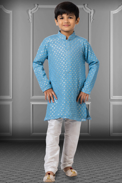 Sky Blue Georgette Straight Cut Kid's Kurta Churidar
