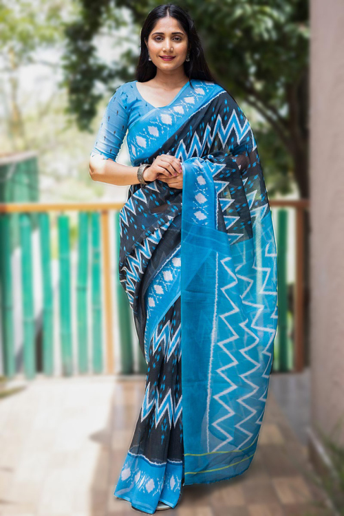 Printed Sky Blue Saree in Linen for Party 