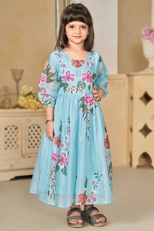 Sky Blue Printed Kota Doria Casual Wear Kurti