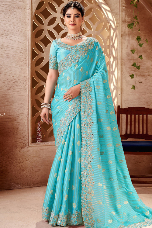 Sky Blue Silk Blend Embroidered Saree For Festival 