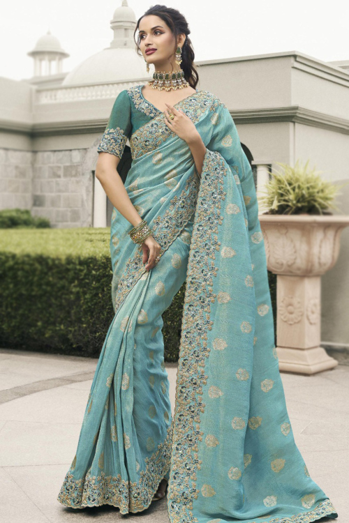 Sky Blue Silk Embroidered Light Weight Saree 