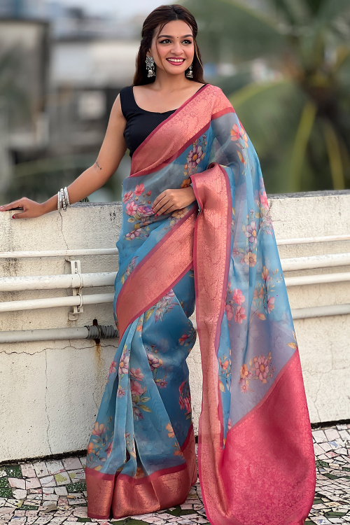 Sky Blue Tissue Printed Light Weight Saree