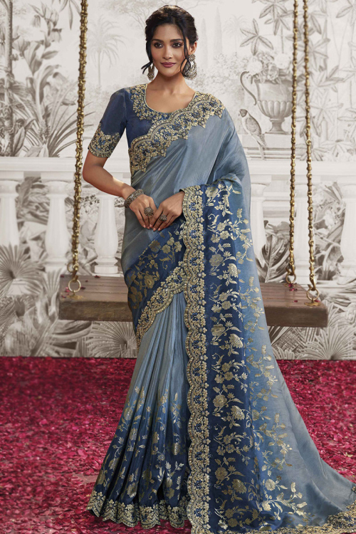 Soft Silk Blue Dori Embroidered Ombre Saree