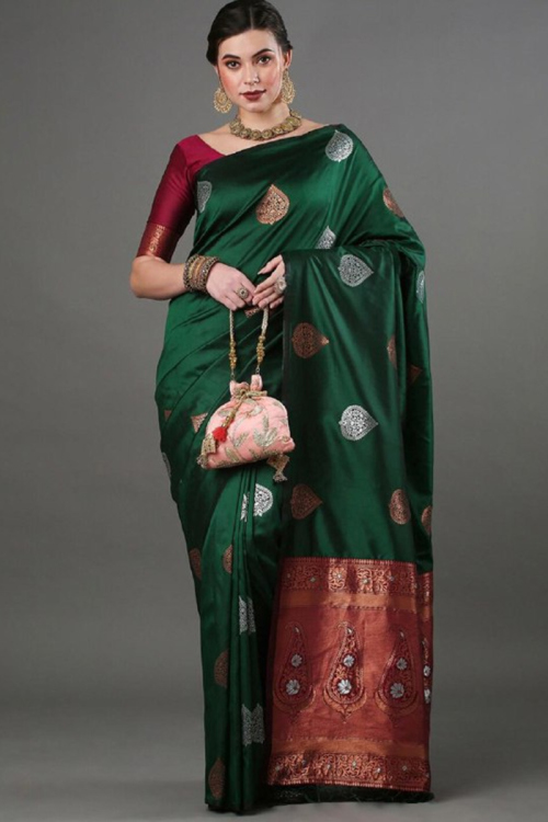 Soft Silk Bottle Green Broad Border Woven Zari Saree