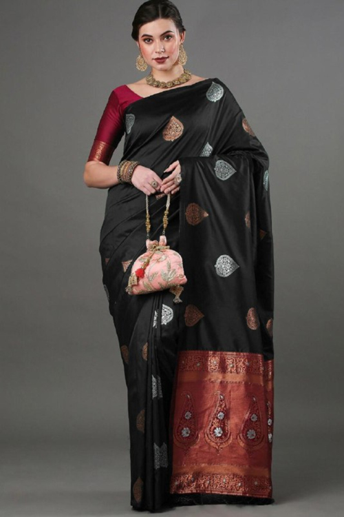 Soft Silk Dark Black Woven Zari Broad Border Saree