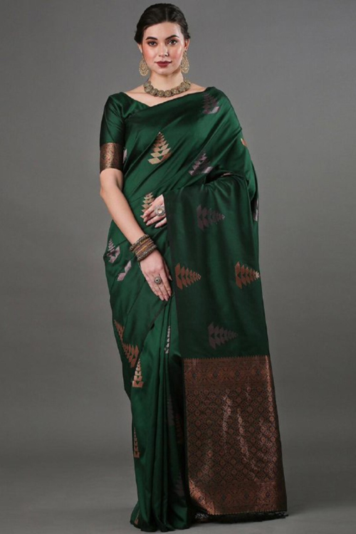 Soft Silk Dark Green Broad Border Woven Zari Saree
