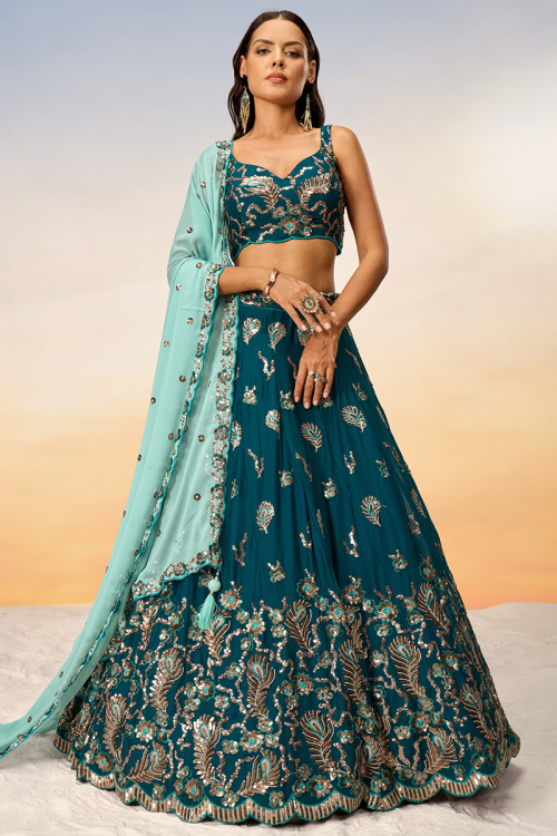 Soft Silk Dori Embroidered Peacock Blue Panelled Style Lehenga